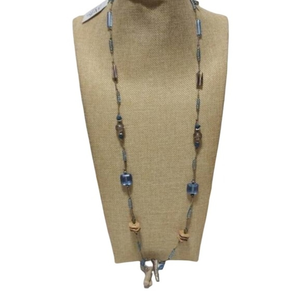 Aris by Treska Blue Glass Shell Beaded Long Necklace Boho Cluster Pendant NEW